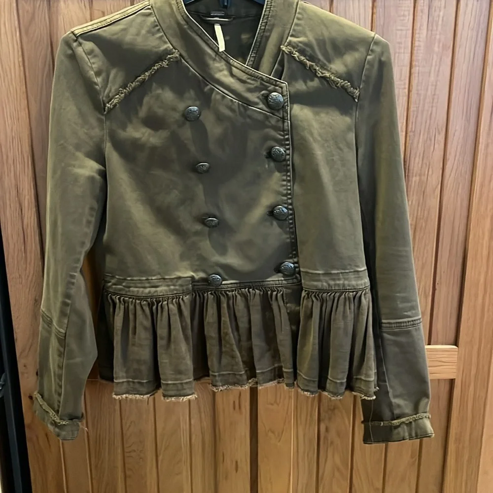 Free People olive green denim military style ruffle jacket - Picture 2 of 12